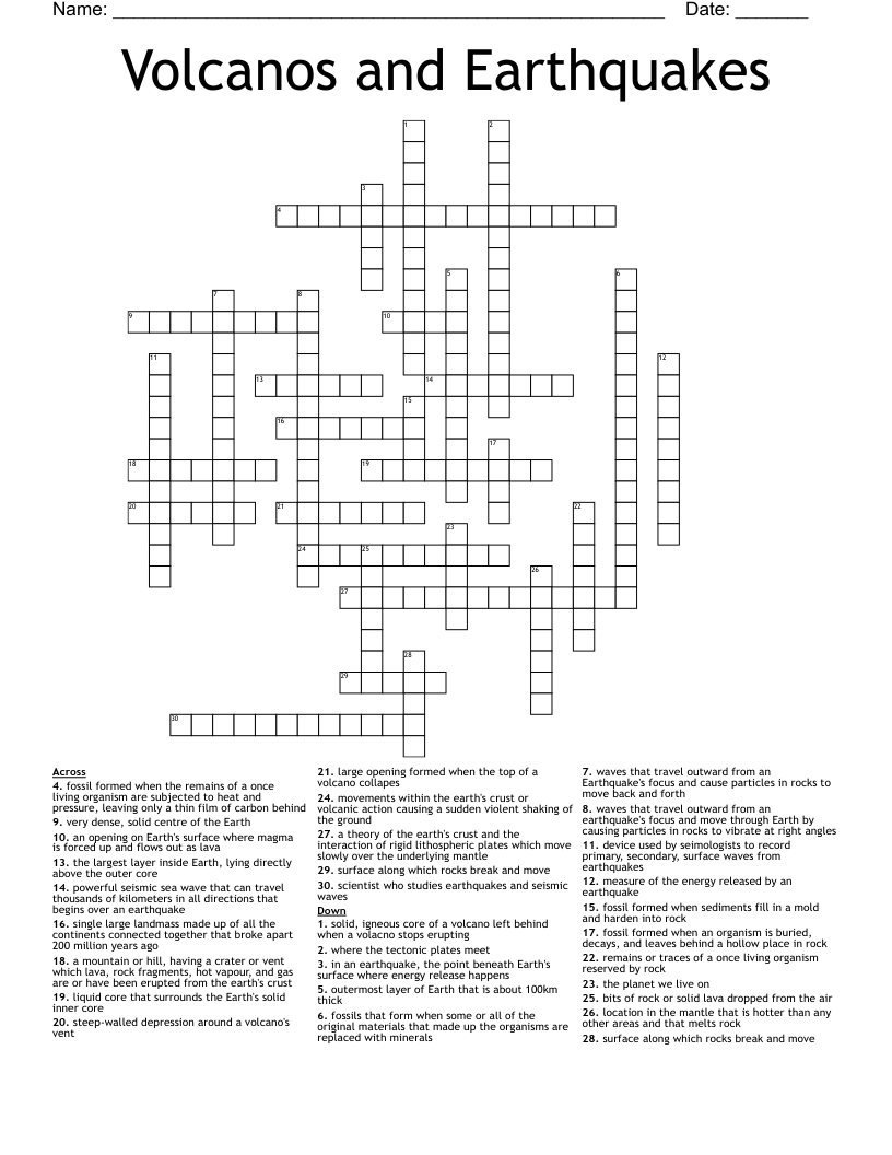 Volcanos and Earthquakes Crossword