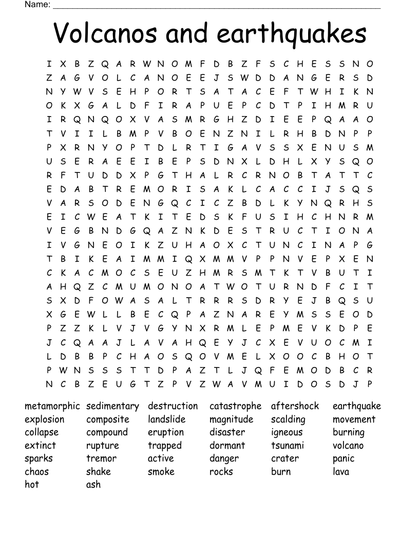 Volcanos and earthquakes Word Search
