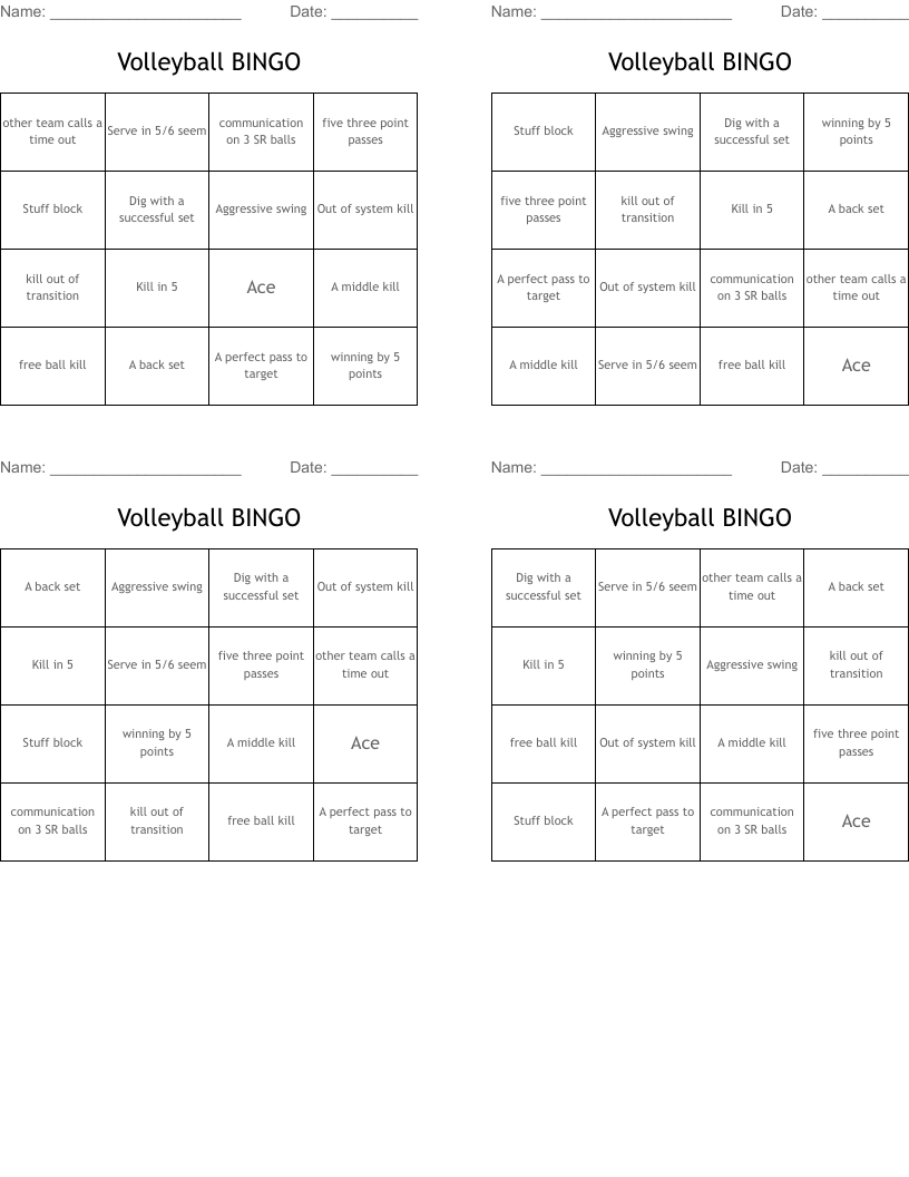 Volleyball BINGO