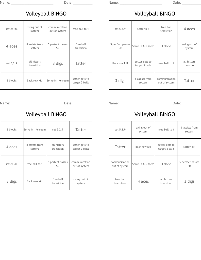 Volleyball BINGO