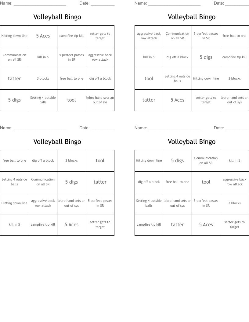 Volleyball Bingo