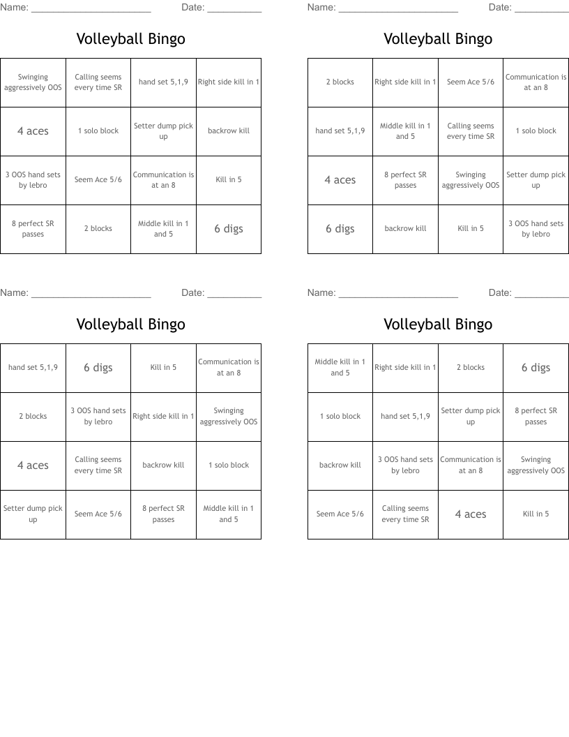 Volleyball Bingo