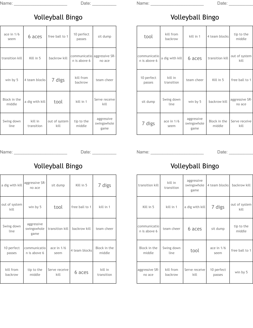 Volleyball Bingo