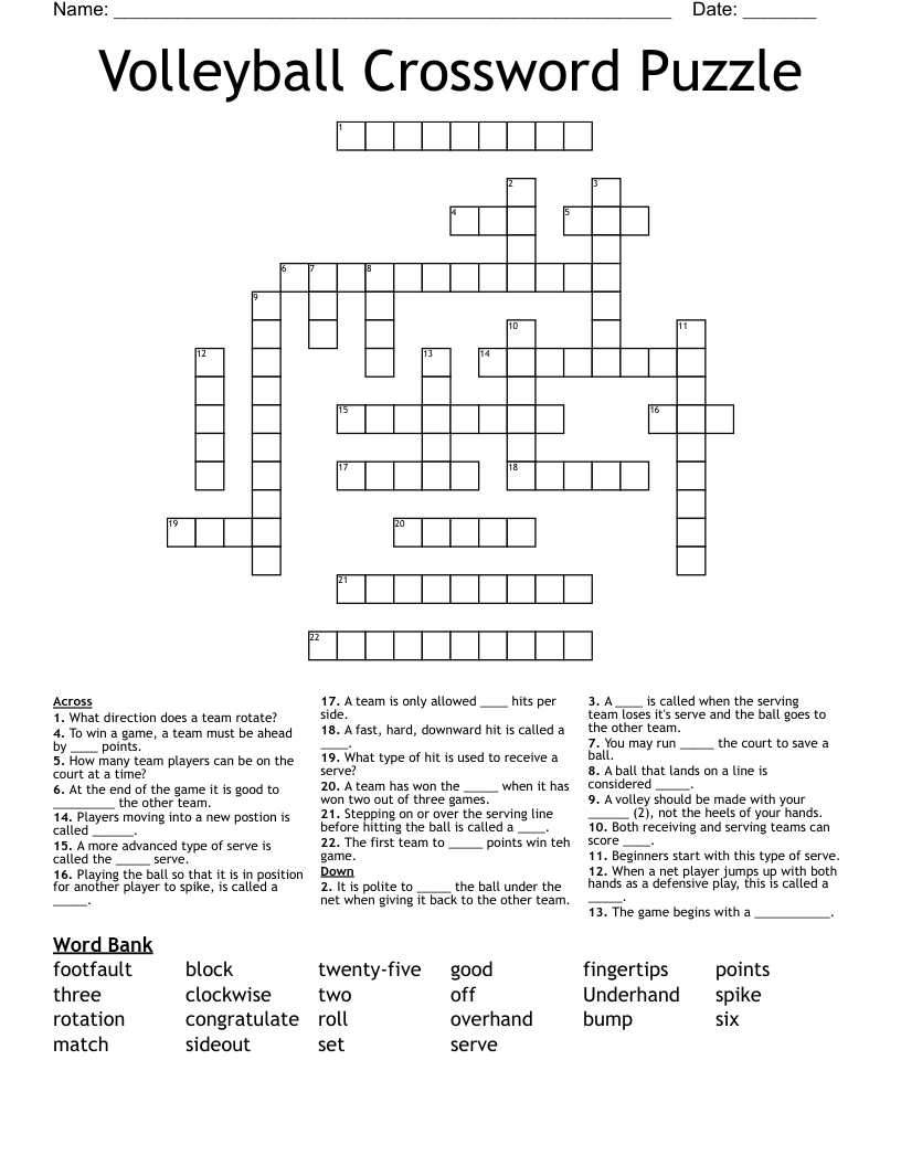 Volleyball Crossword Puzzle