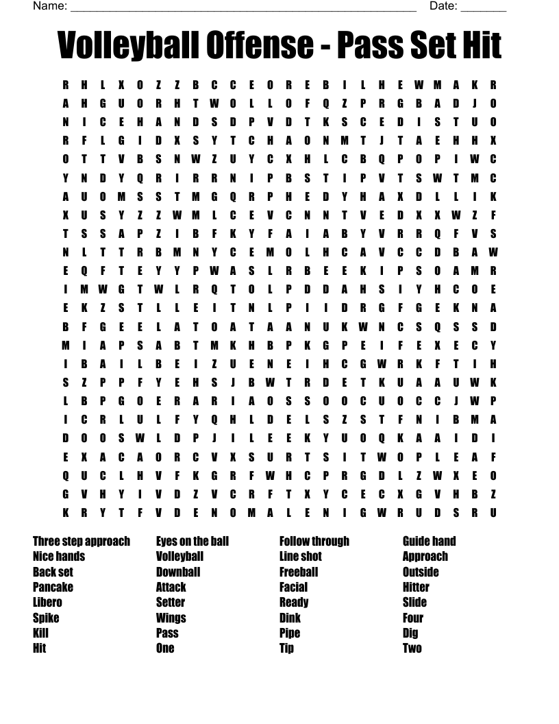 Volleyball Offense - Pass Set Hit Word Search