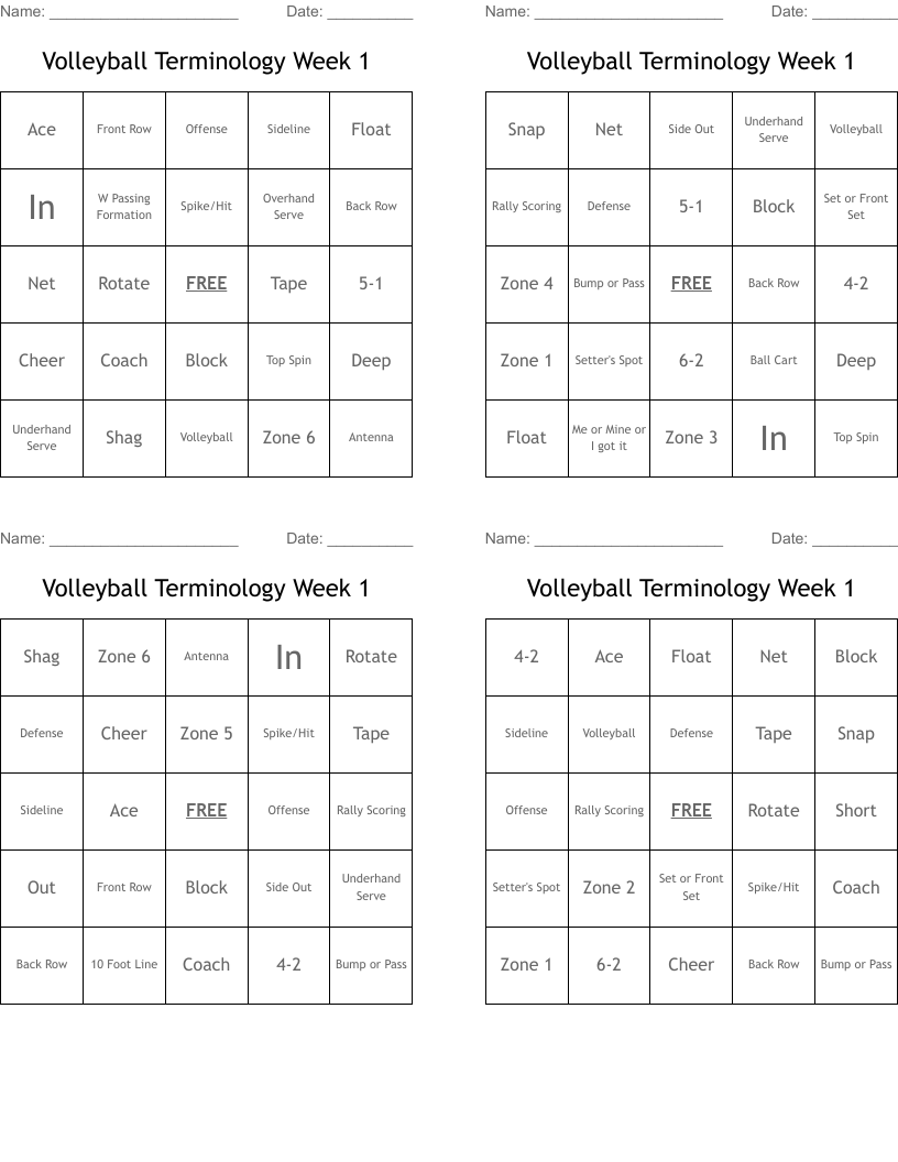 Volleyball Terminology Week 1 Bingo Cards