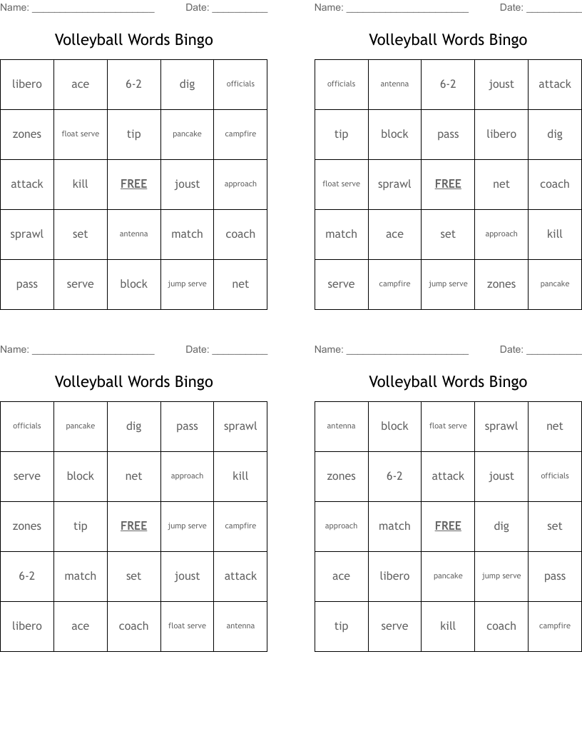 Volleyball Words Bingo