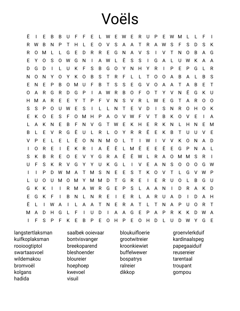 Voëls Word Search