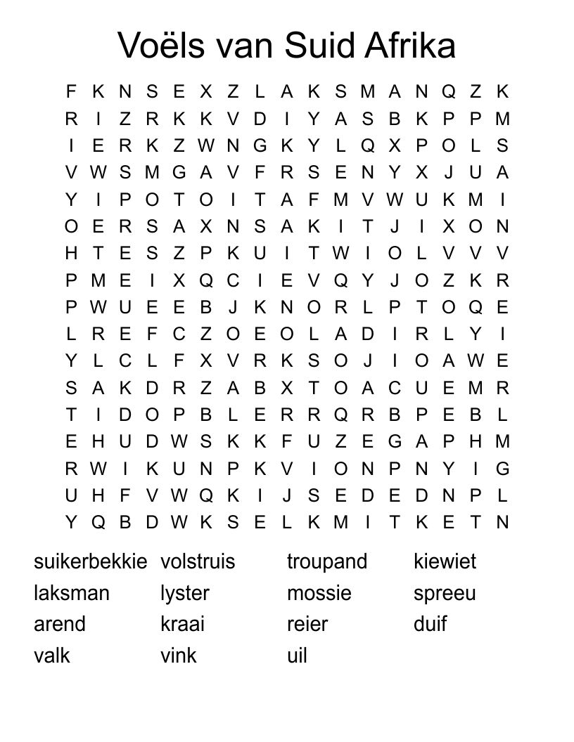 Voëls van Suid Afrika Word Search