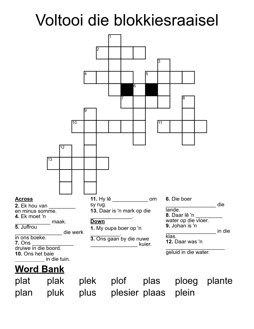 Voltooi die blokkiesraaisel Crossword