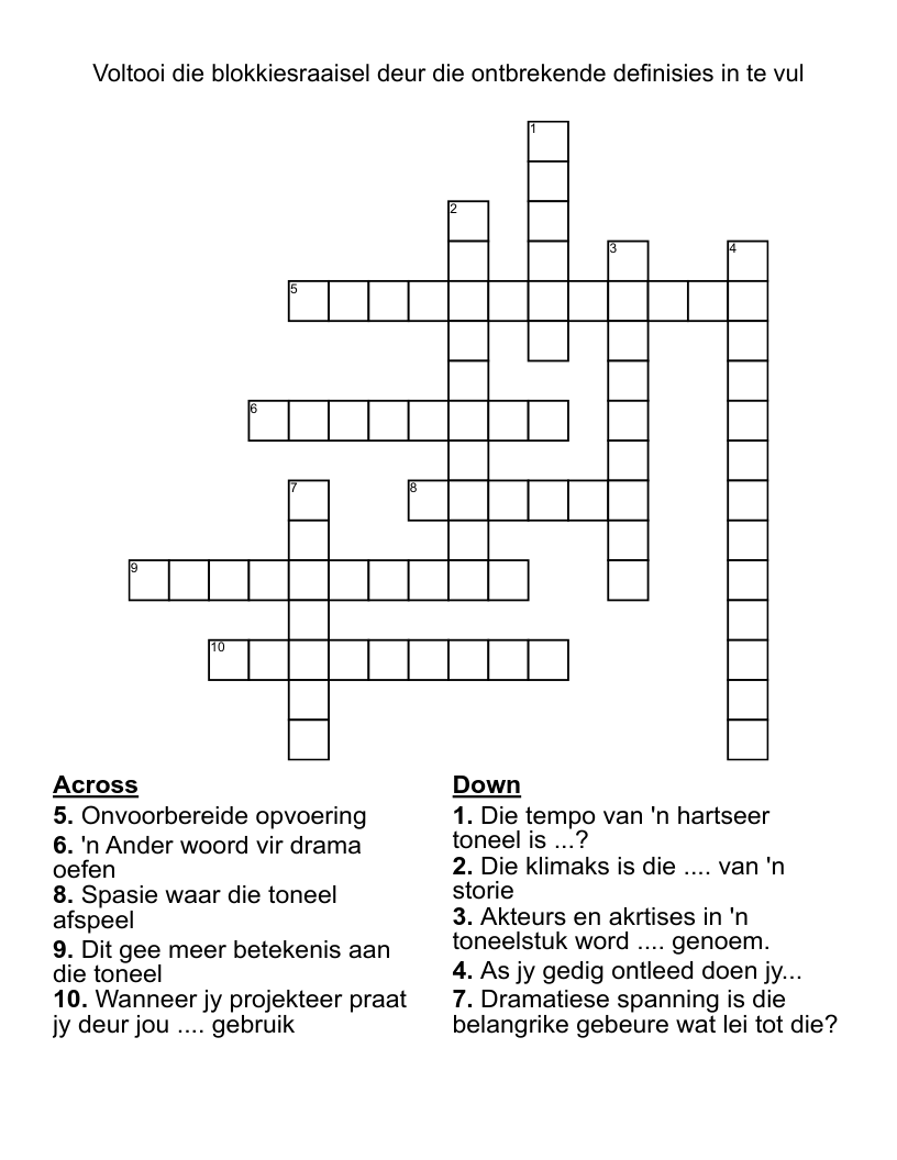 Voltooi die blokkiesraaisel deur die ontbrekende definisies in te vul Crossword