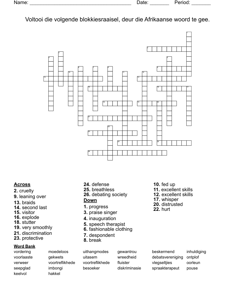 Voltooi die volgende blokkiesraaisel, deur die Afrikaanse woord te gee.  Crossword