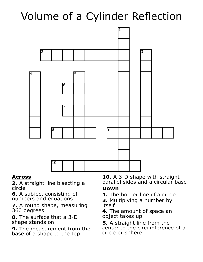 Volume of a Cylinder Reflection Crossword