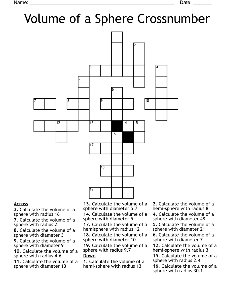 Volume of a Sphere Crossnumber Crossword