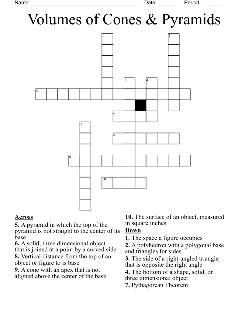 Volumes of Cones & Pyramids Crossword