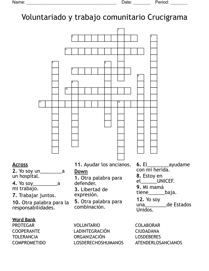 Voluntariado y trabajo comunitario Crucigrama Crossword