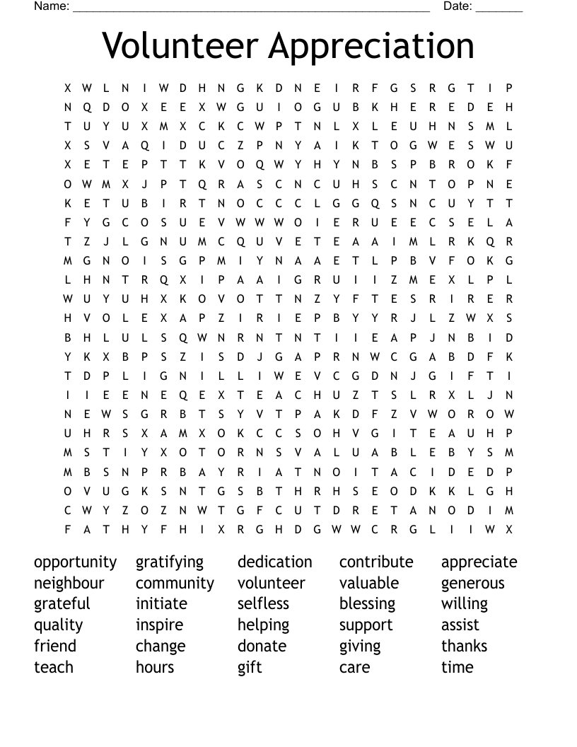 Volunteer Appreciation Word Search
