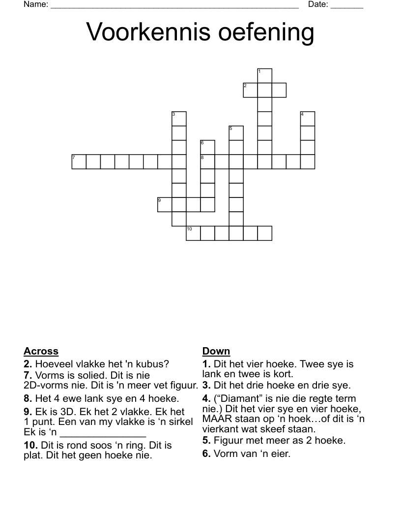 Voorkennis oefening Crossword