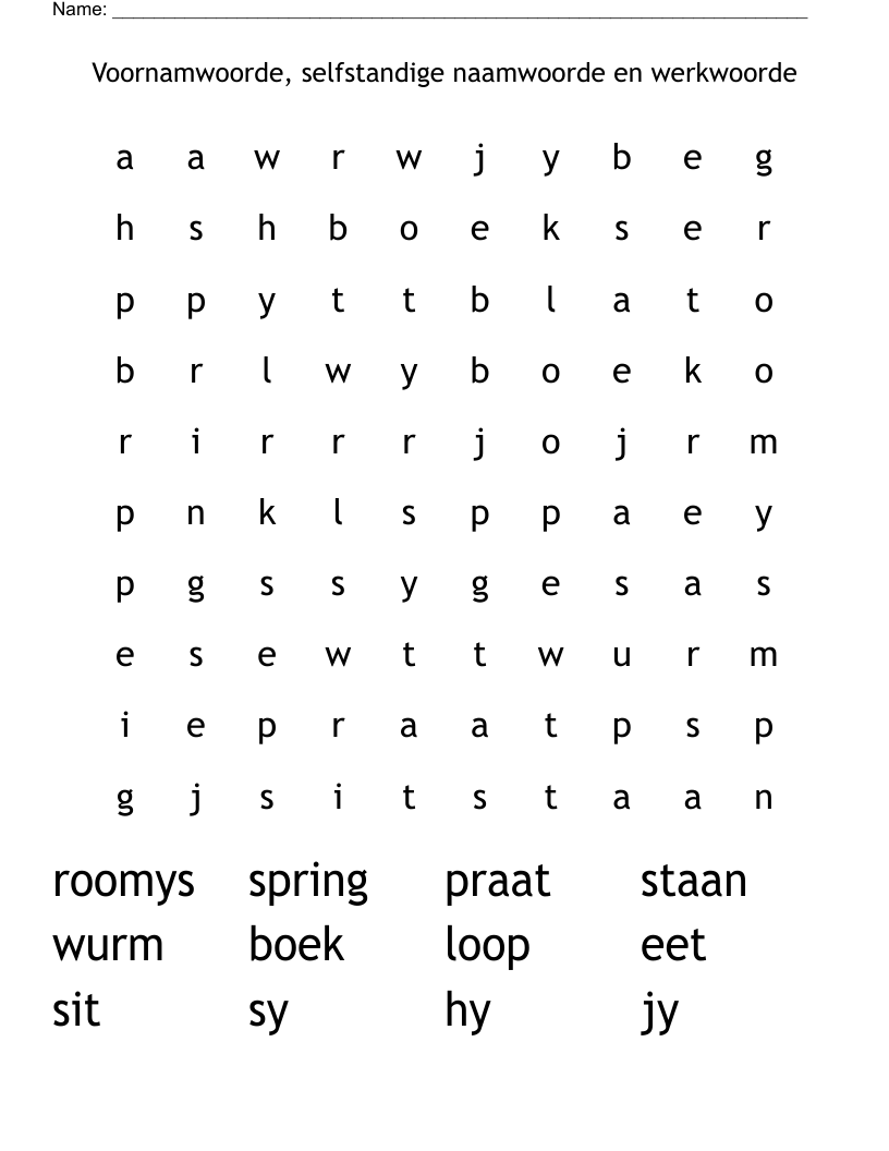 Voornamwoorde, selfstandige naamwoorde en werkwoorde Word Search