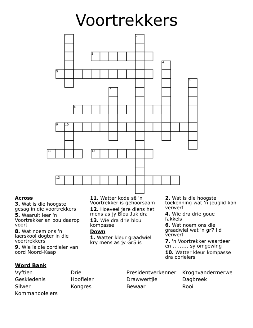 Voortrekkers Crossword