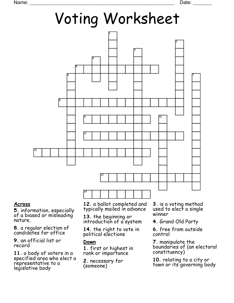 Voting Worksheet Crossword