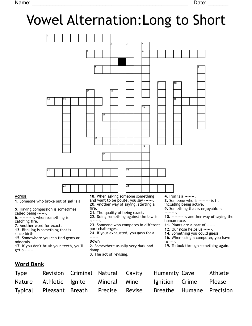 Vowel Alternation:Long to Short Crossword