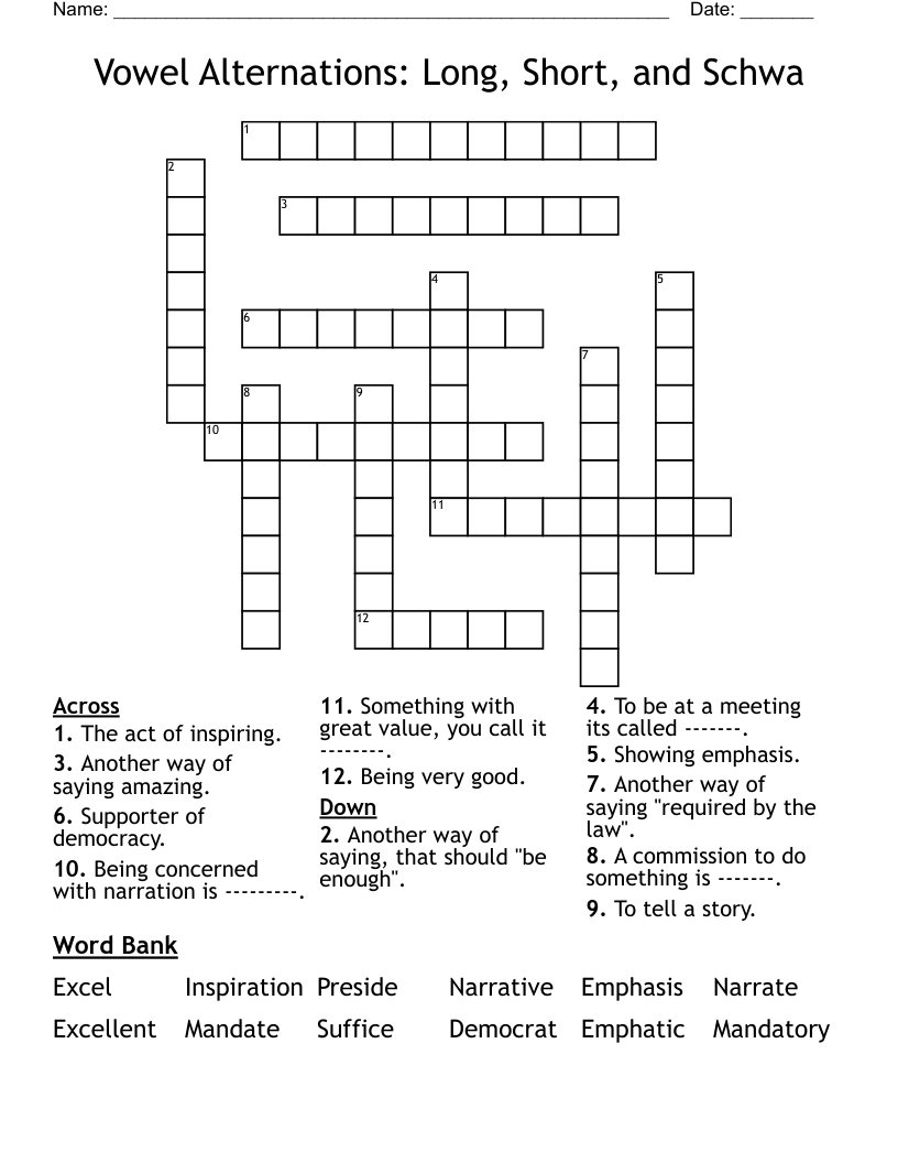 Vowel Alternations: Long, Short, and Schwa Crossword