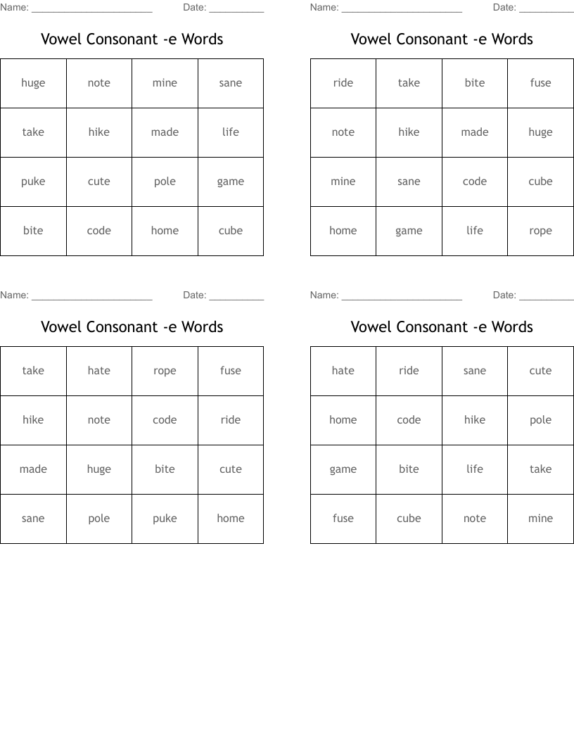 Vowel Consonant -e Words Bingo Cards