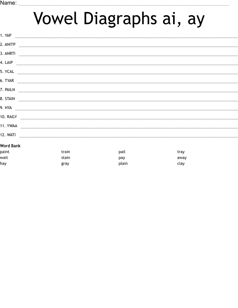 Vowel Diagraphs ai, ay Word Scramble