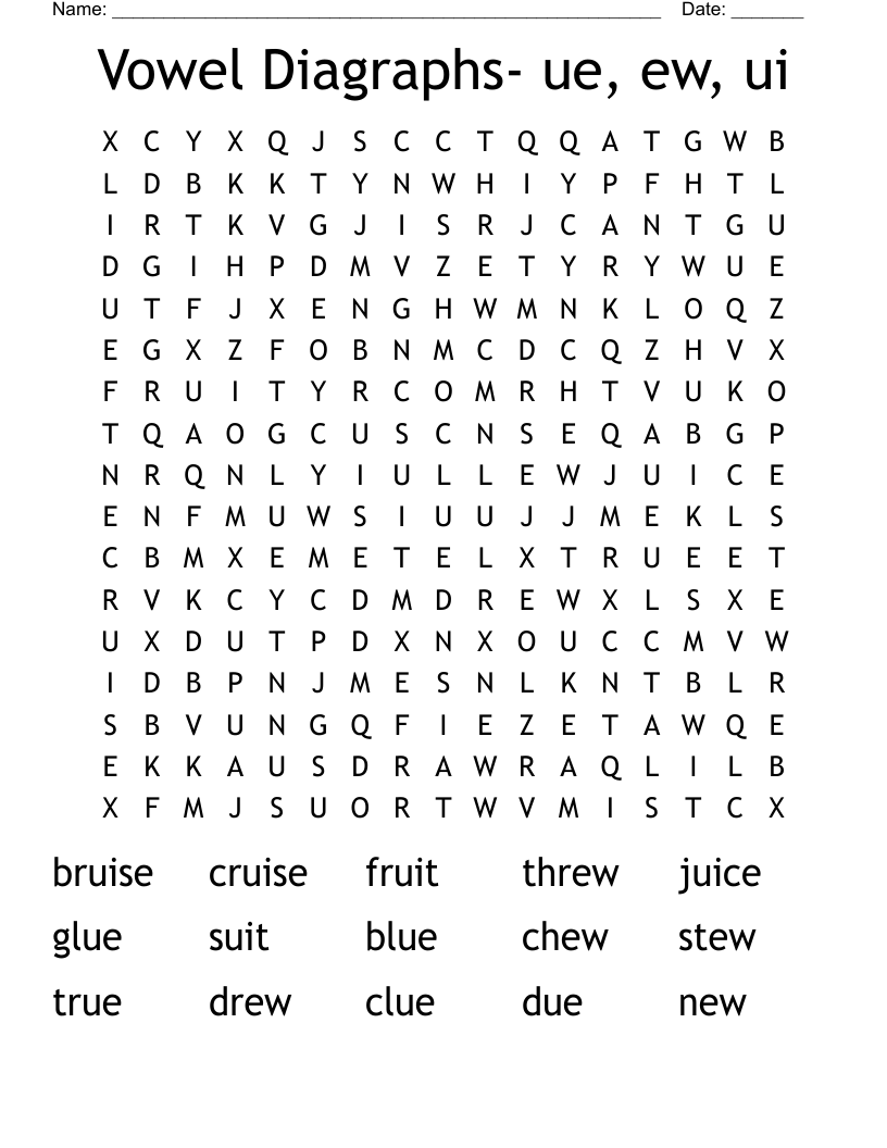 Vowel Diagraphs- ue, ew, ui Word Search