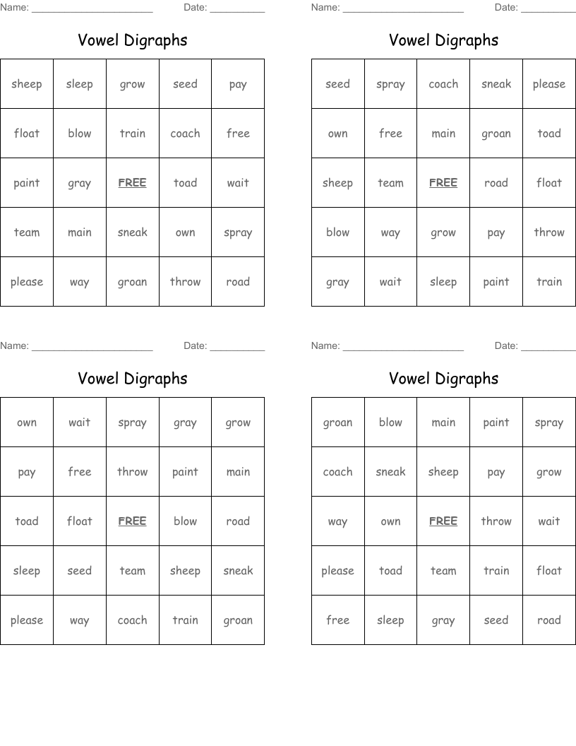 Vowel Digraphs Bingo Cards