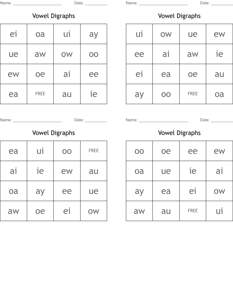 Vowel Digraphs Bingo Cards