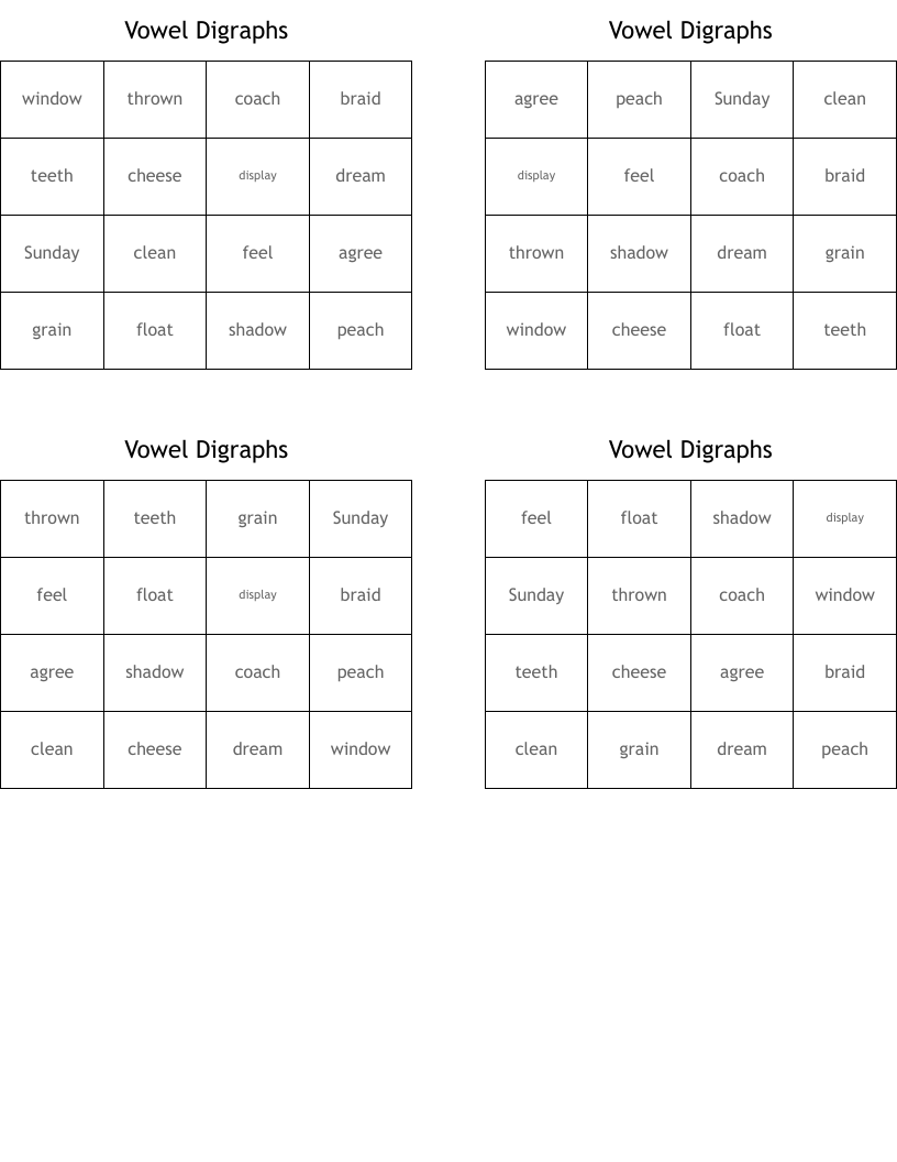 Vowel Digraphs Bingo Cards