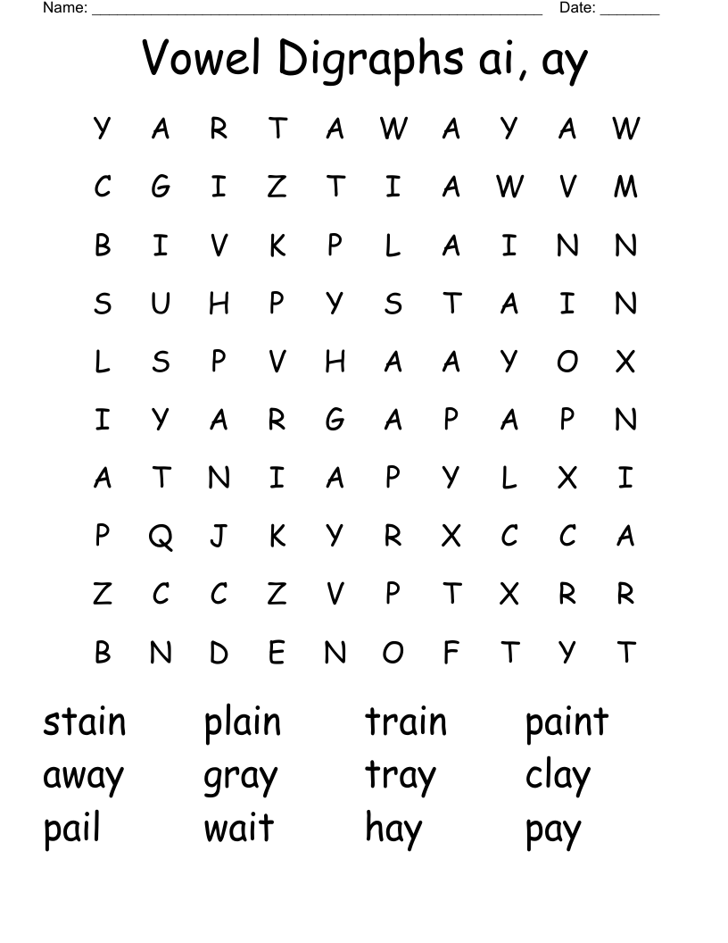 Vowel Digraphs ai, ay Word Search