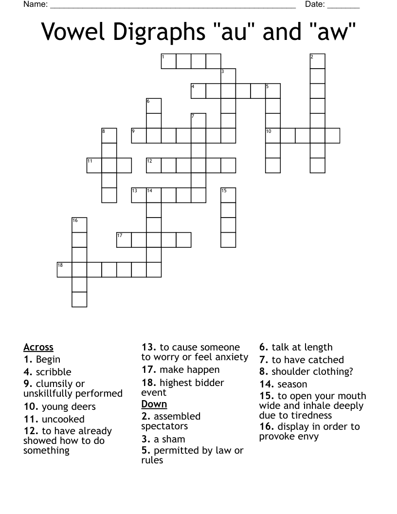 Vowel Digraphs "au" and "aw" Crossword