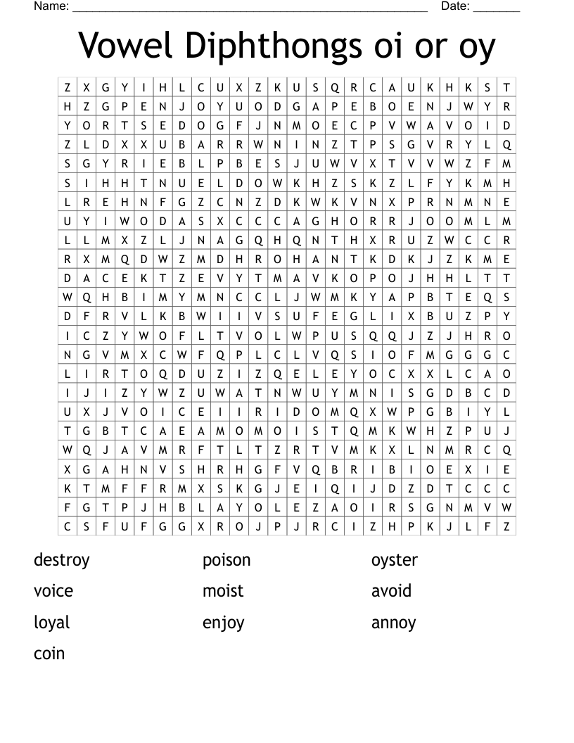 Vowel Diphthongs oi or oy Word Search