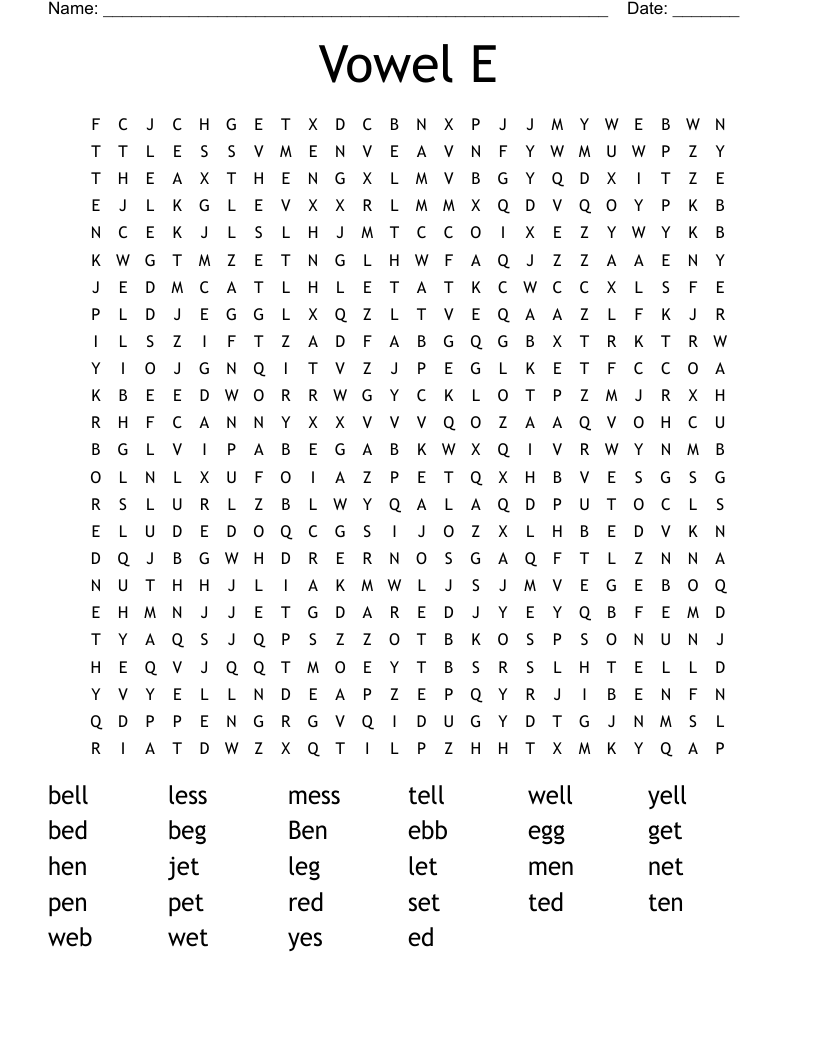 Vowel E Word Search