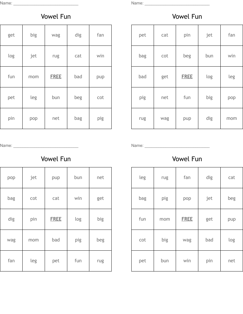 Vowel Fun Bingo Cards
