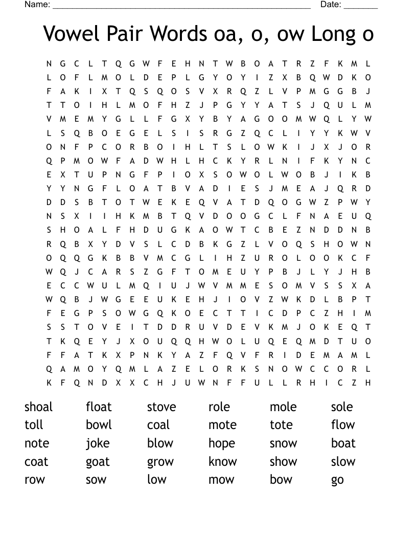 Vowel Pair Words oa, o, ow Long o Word Search