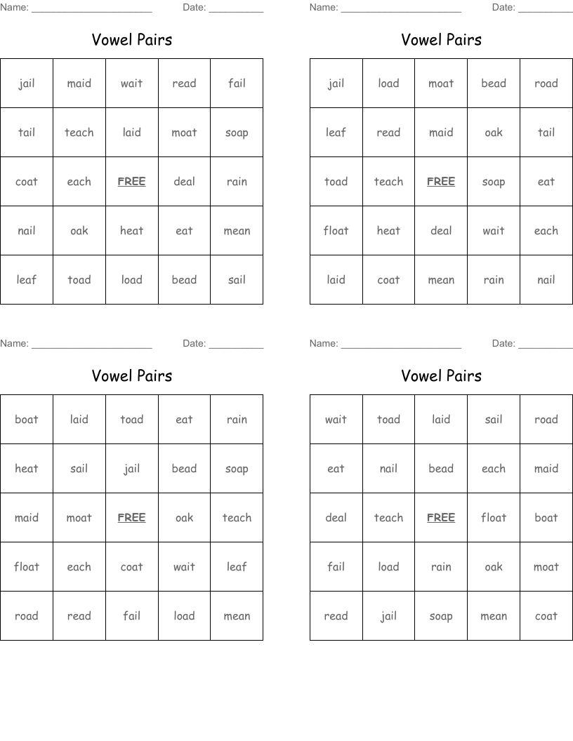 Vowel Pairs Bingo Cards