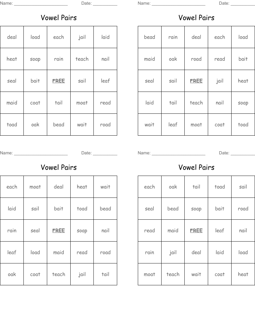 Vowel Pairs Bingo Cards