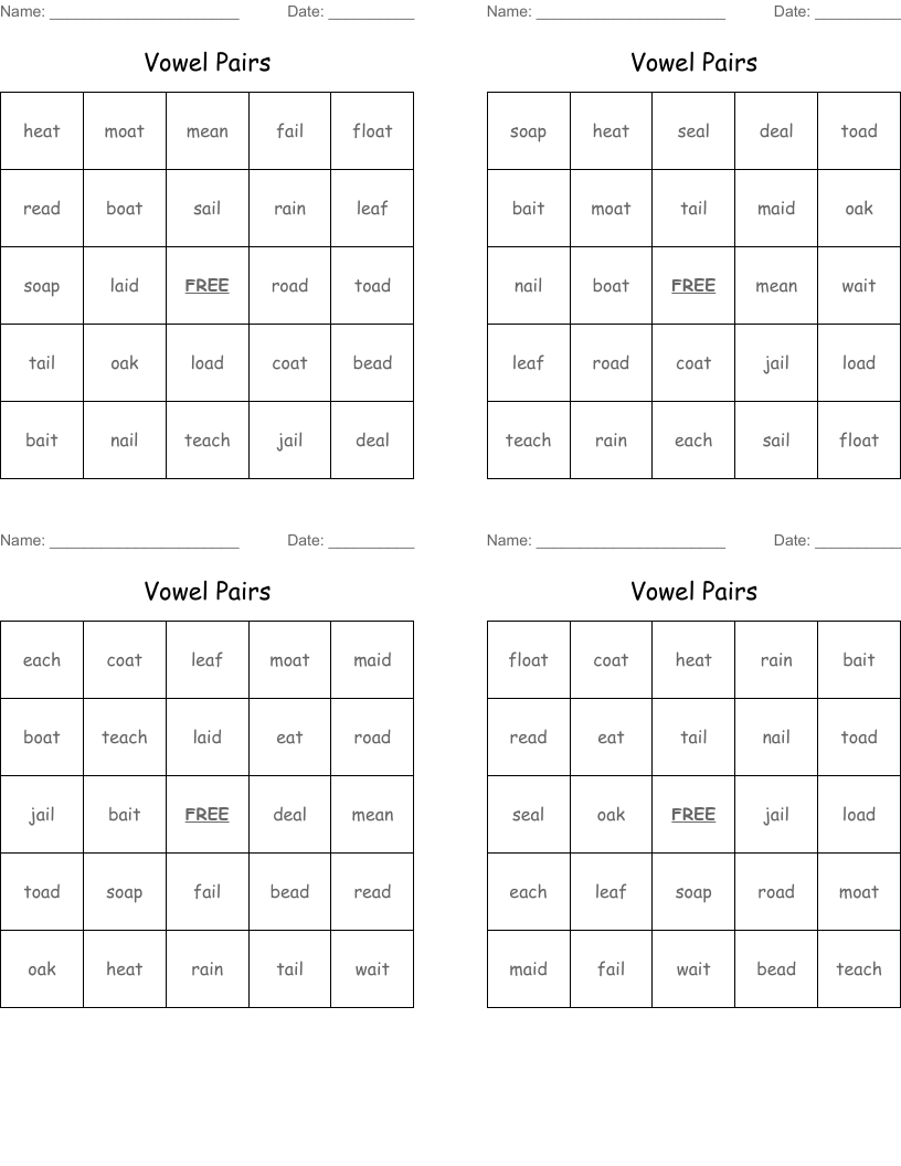 Vowel Pairs Bingo Cards
