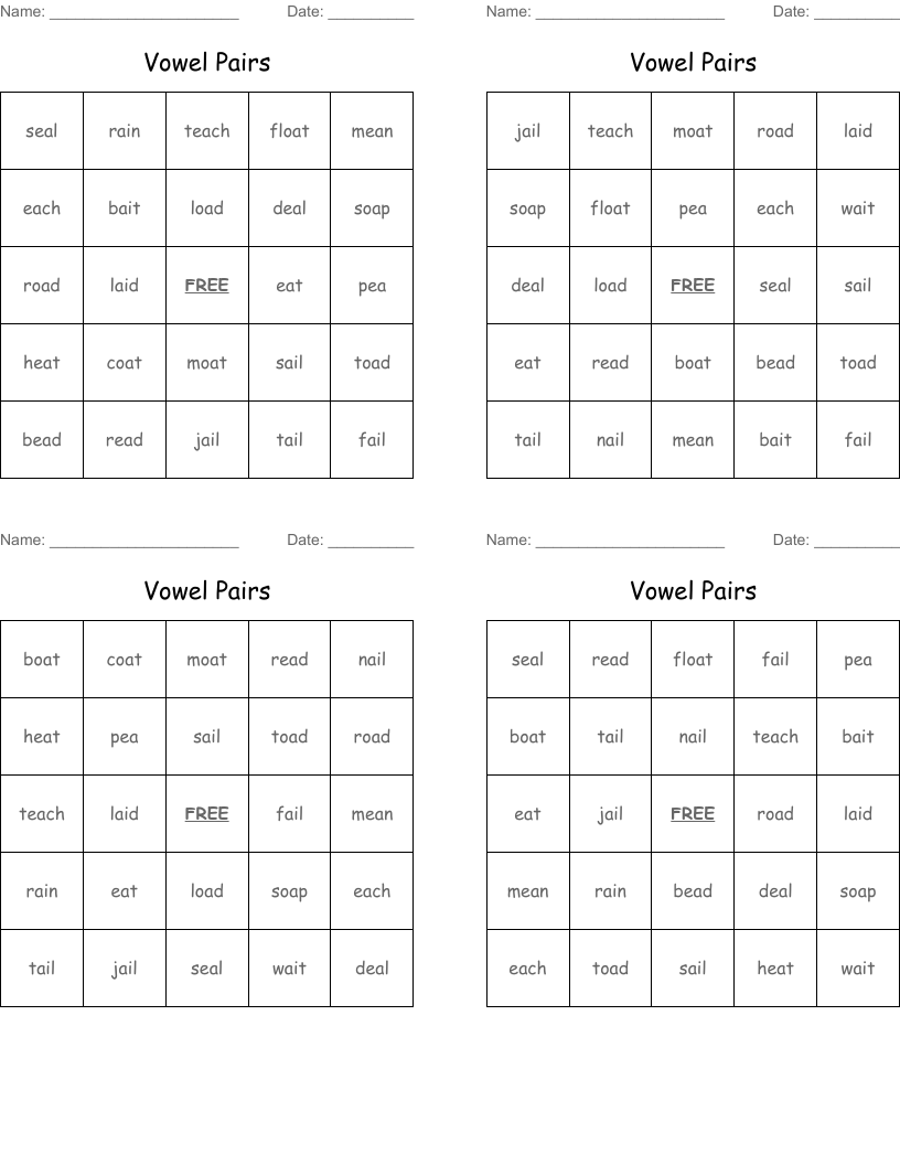 Vowel Pairs Bingo Cards