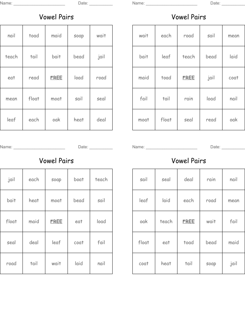 Vowel Pairs Bingo Cards