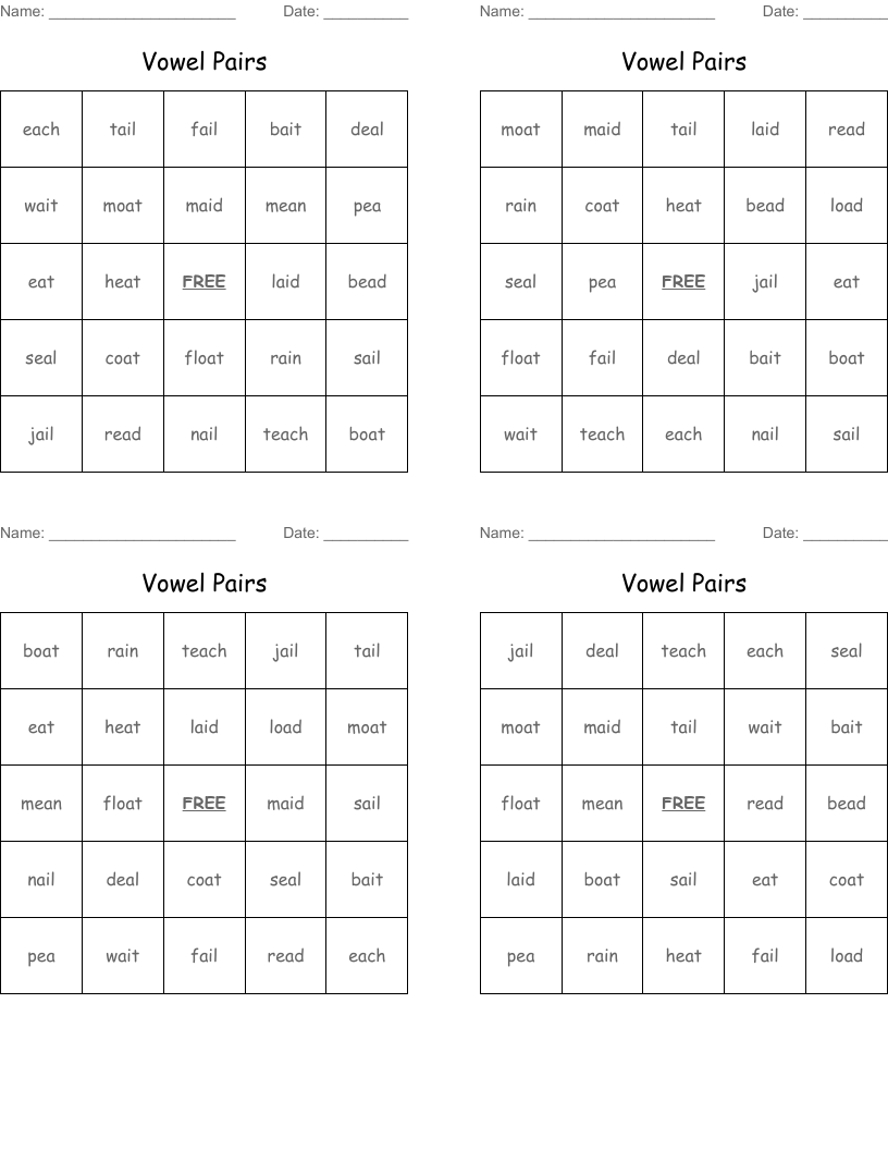 Vowel Pairs Bingo Cards