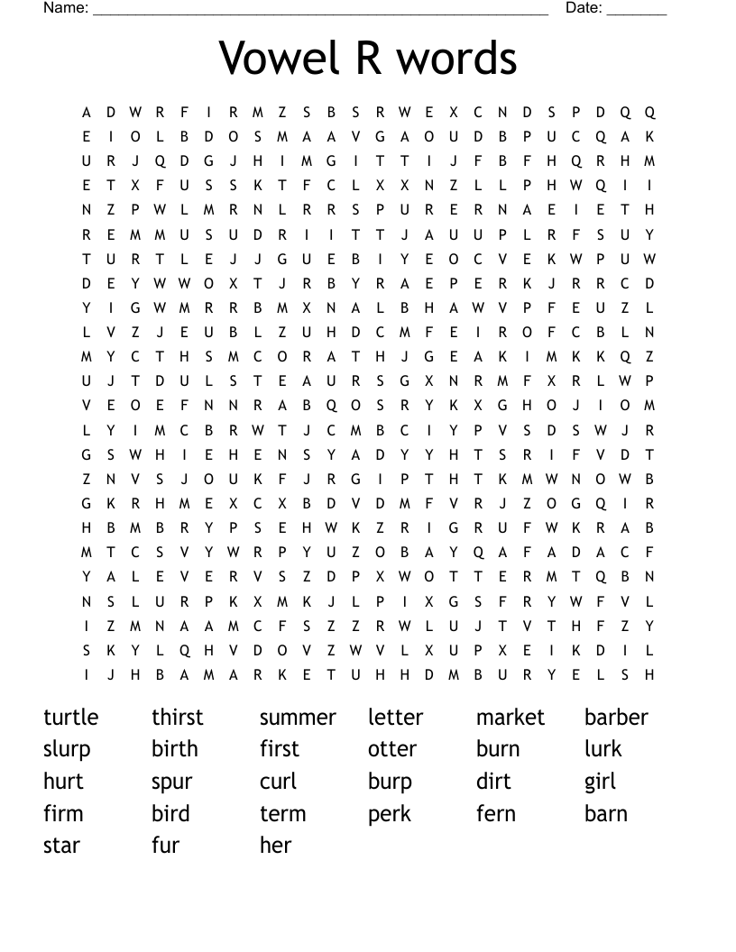 Vowel R words Word Search