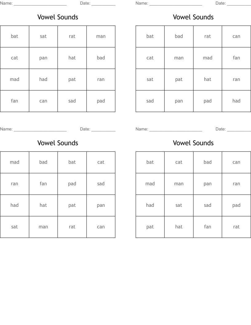 Vowel Sounds Bingo Cards