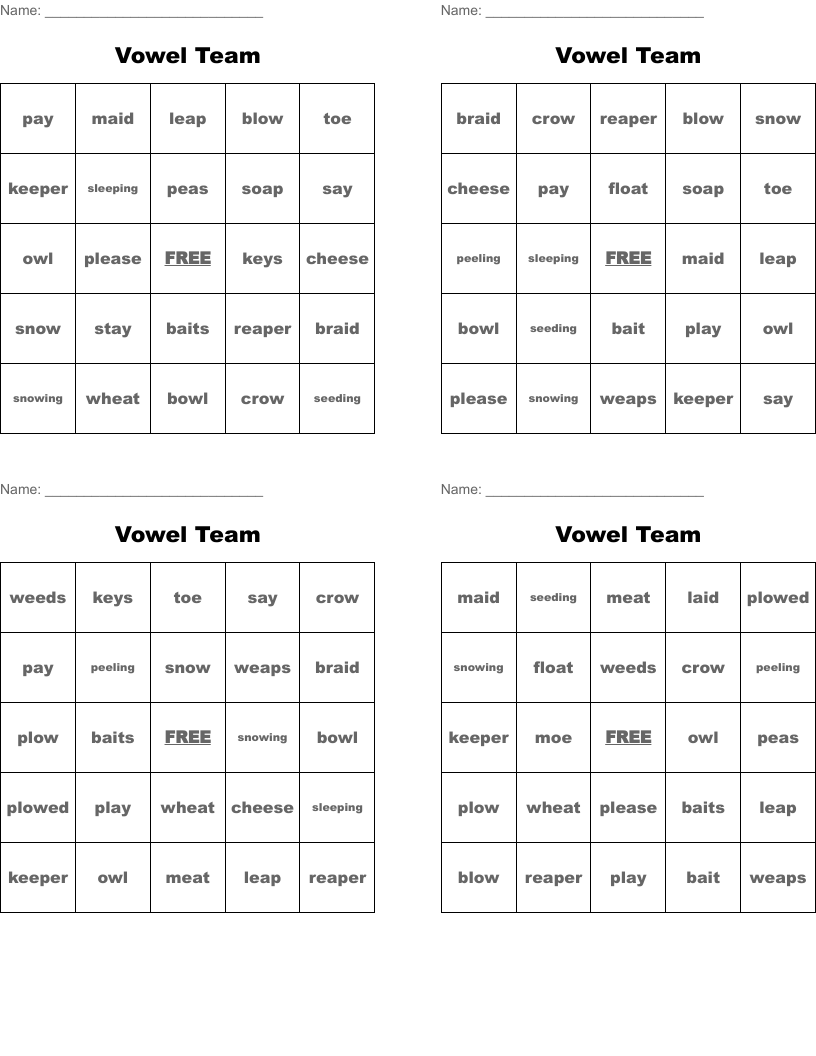 Vowel Team Bingo Cards
