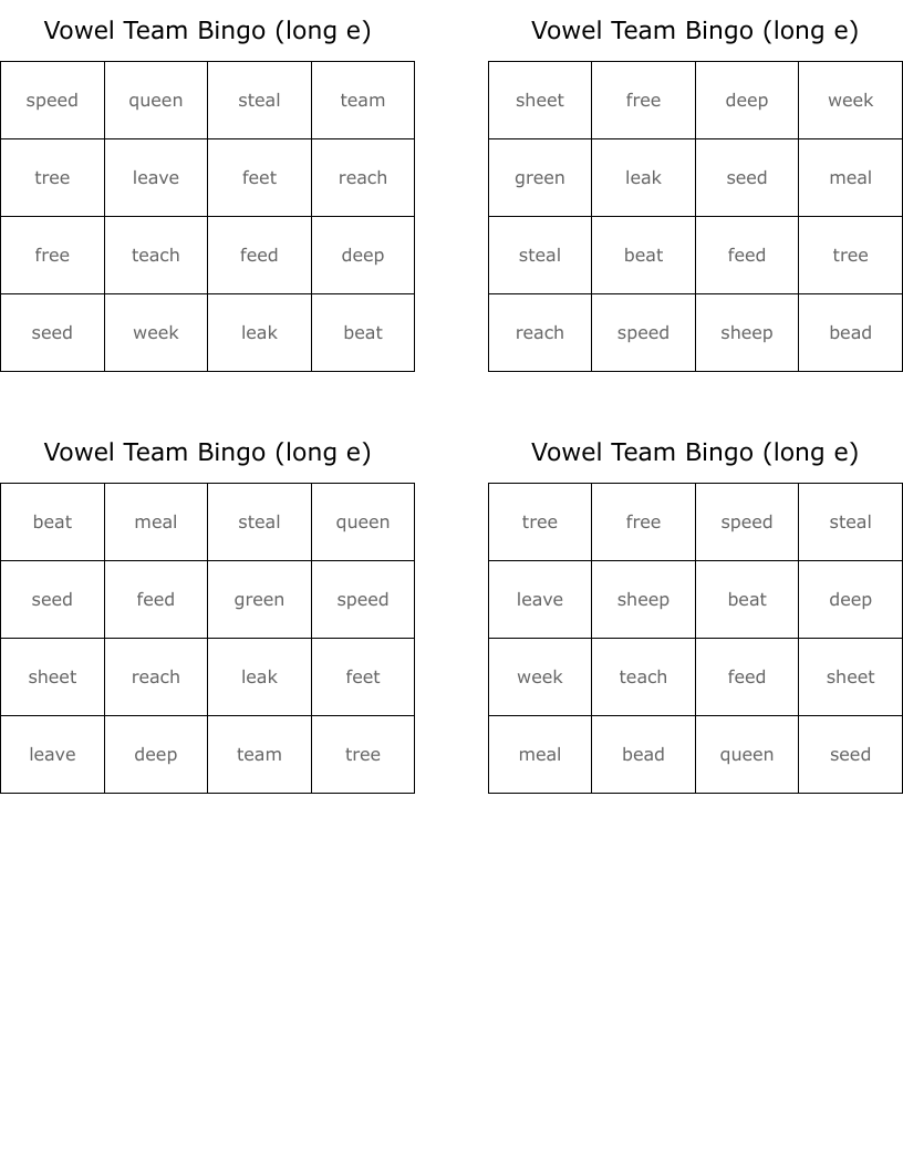 Vowel Team Bingo (long e)