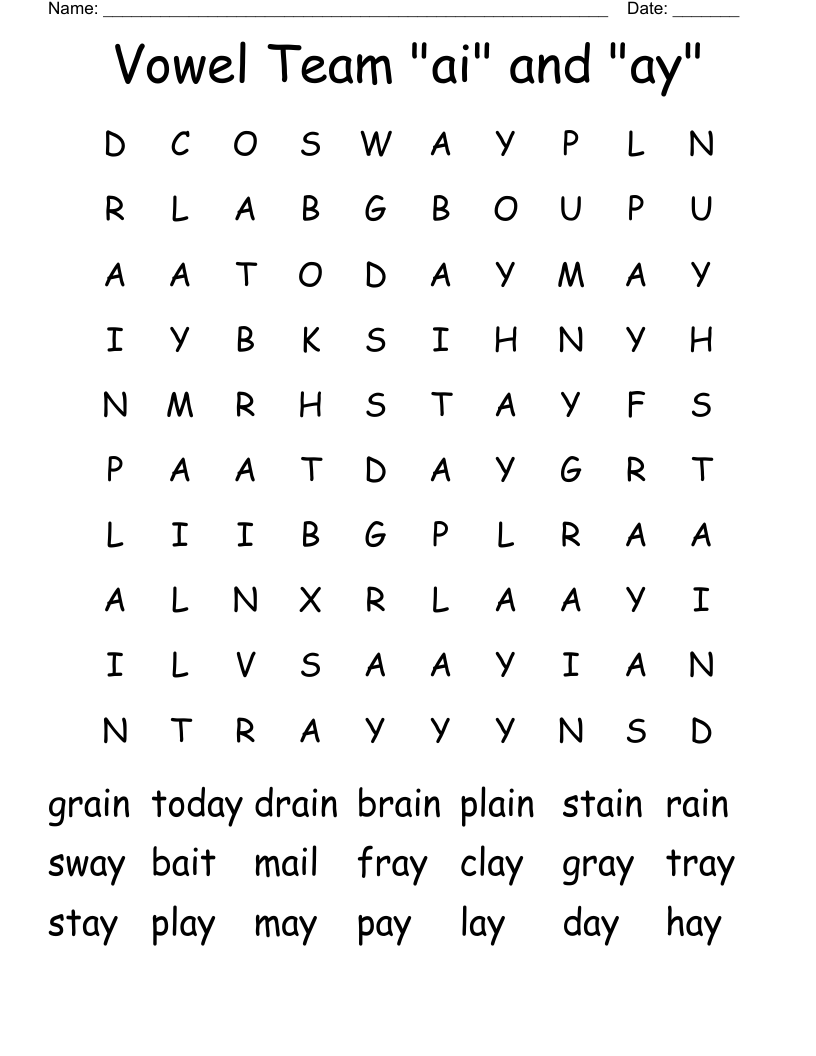 Vowel Team "ai" and "ay" Word Search